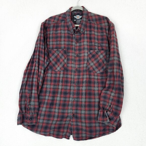 Harley Davidson Shirt Mens 3XL Red Gray Plaid Flannel Button Up Embroidered - Picture 1 of 11